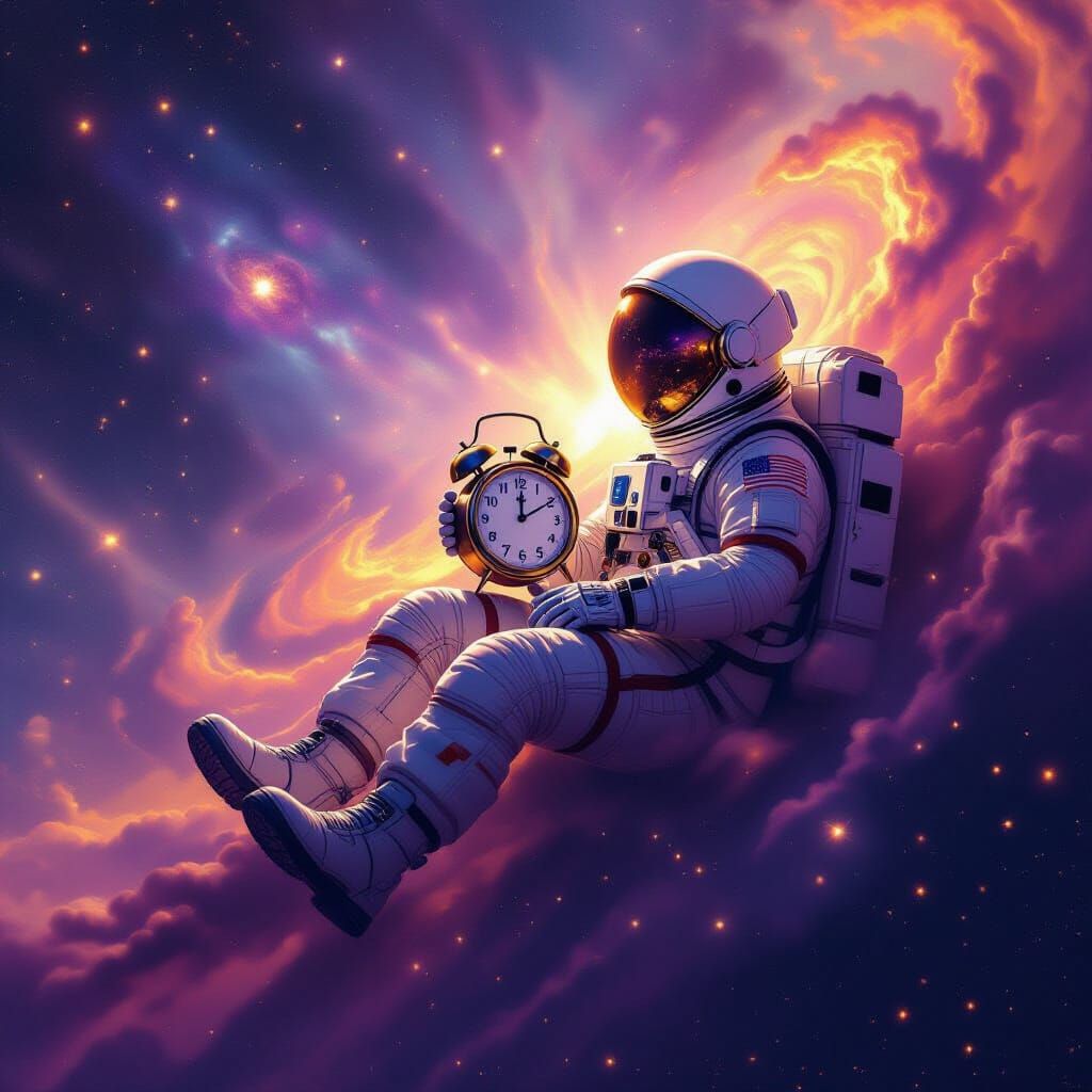 Astronaut Adrift in Nebula with Vintage Alarm Clock