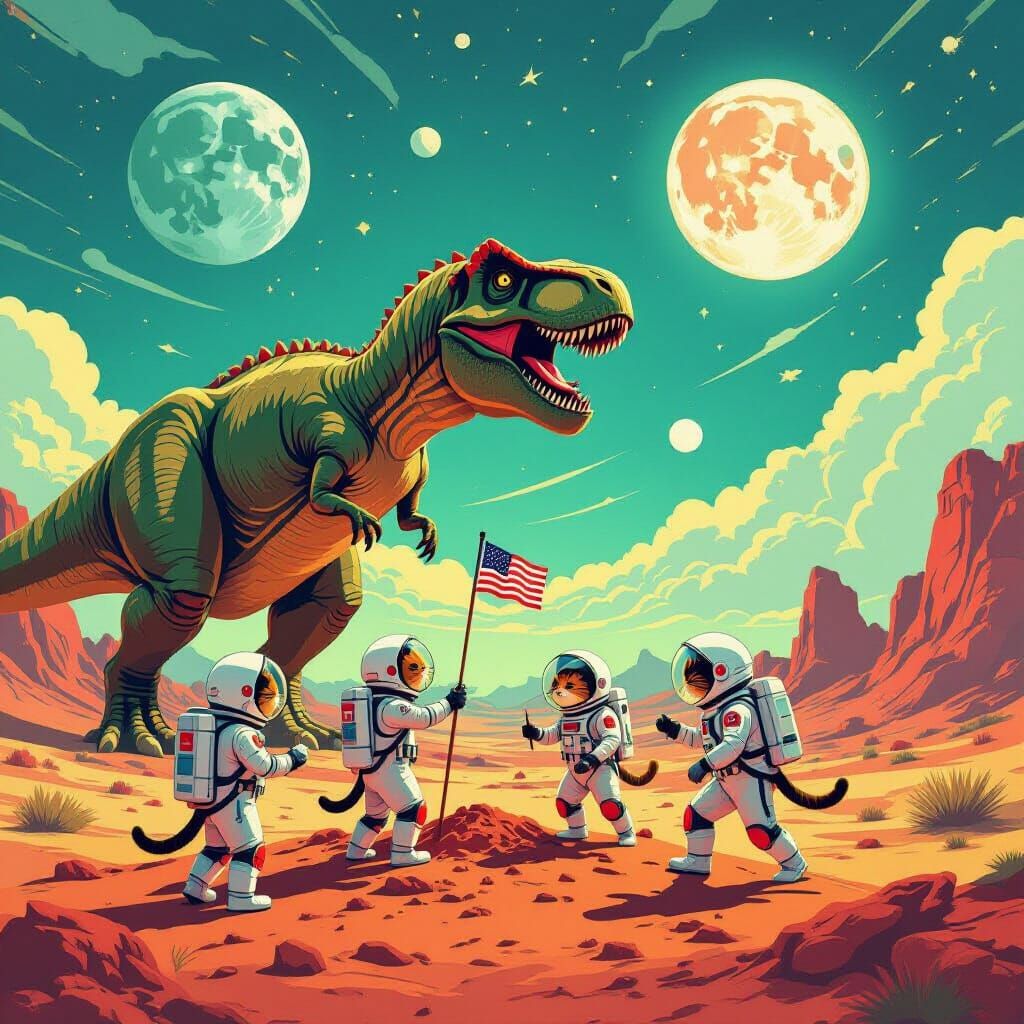 Cat Astronauts Plant Flag on Dinosaur Planet in Vaporwave St...