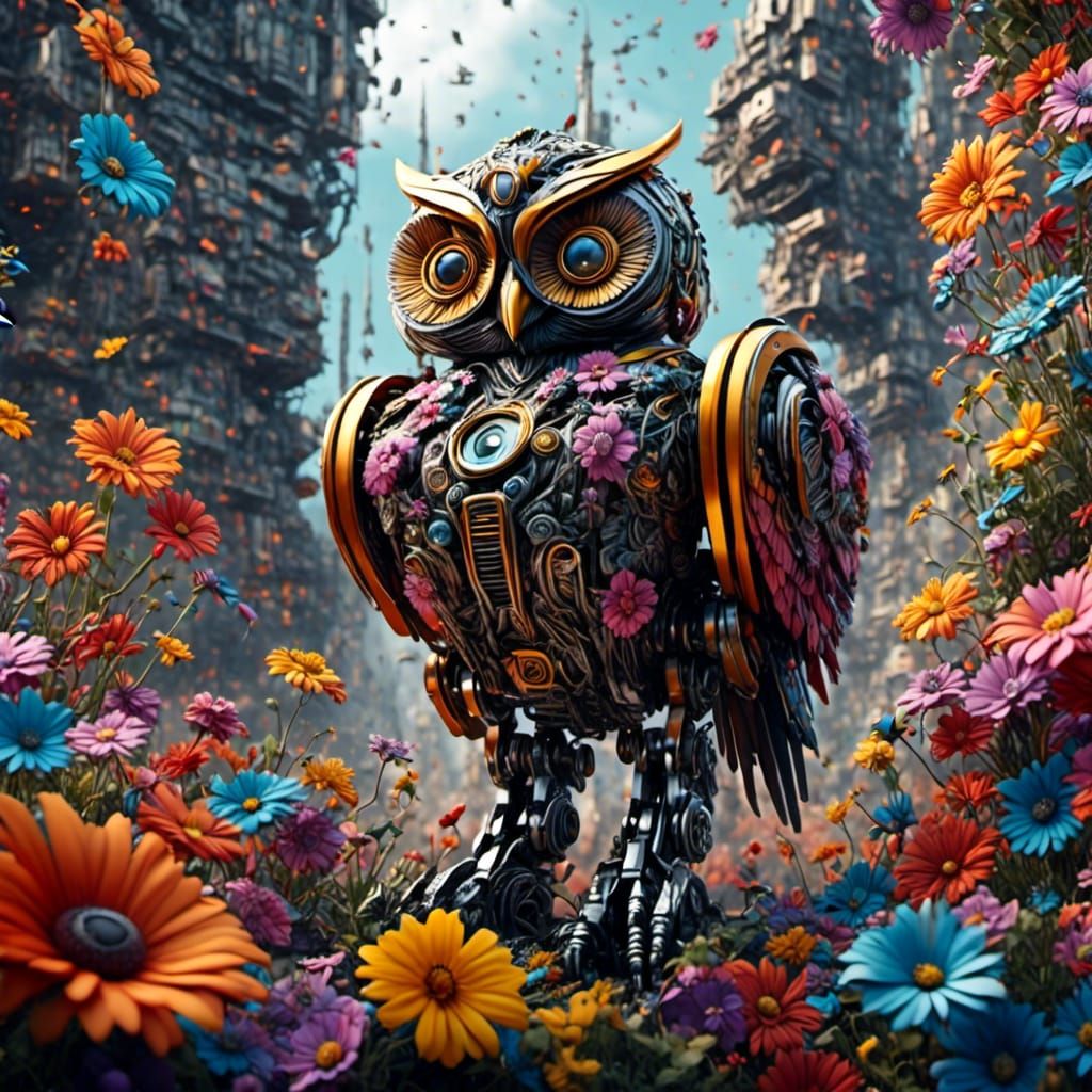 Robot Owls and Flowers in Digital Matte Painting