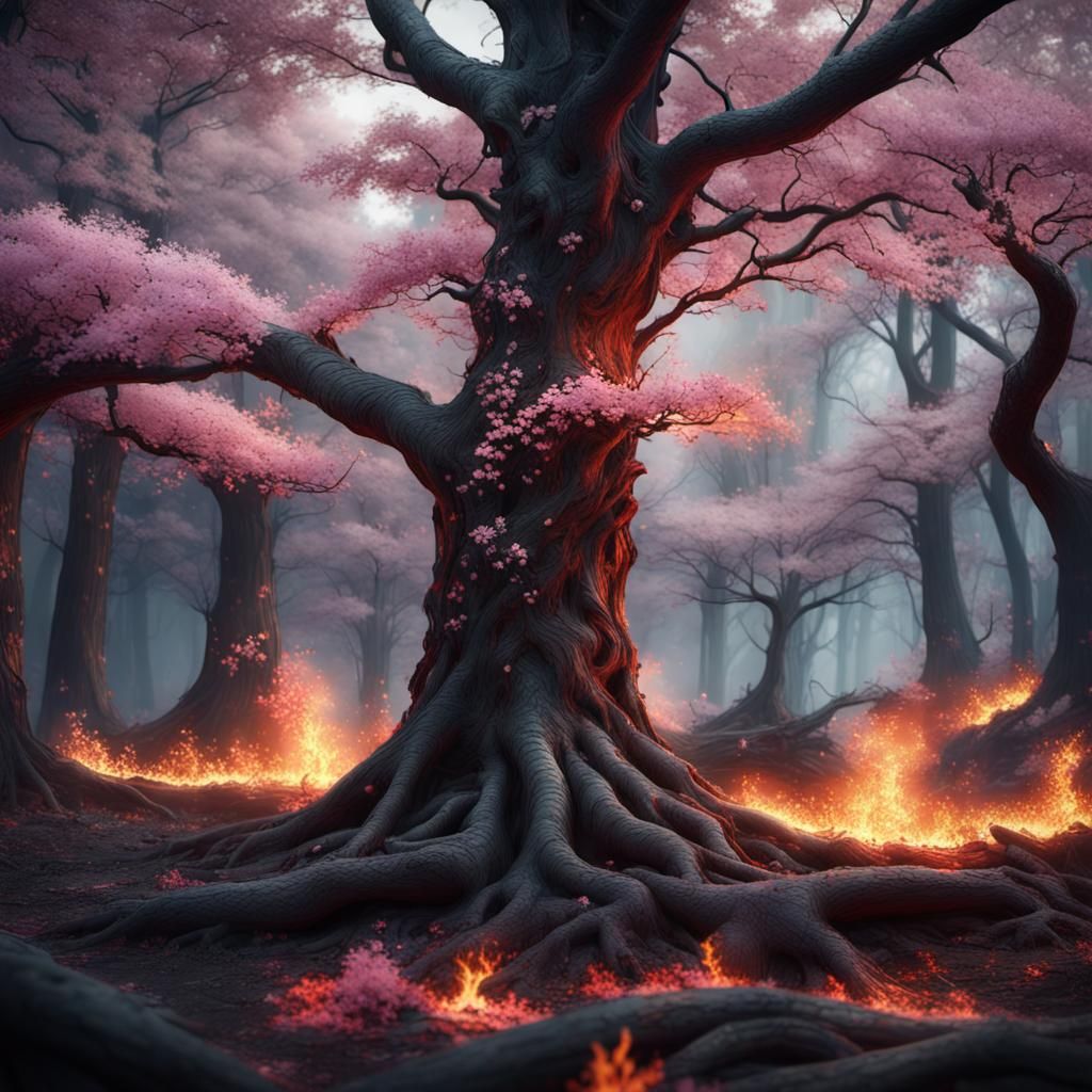 Cherry Blossom Tree Amidst Burning Forest: Fantasy Art