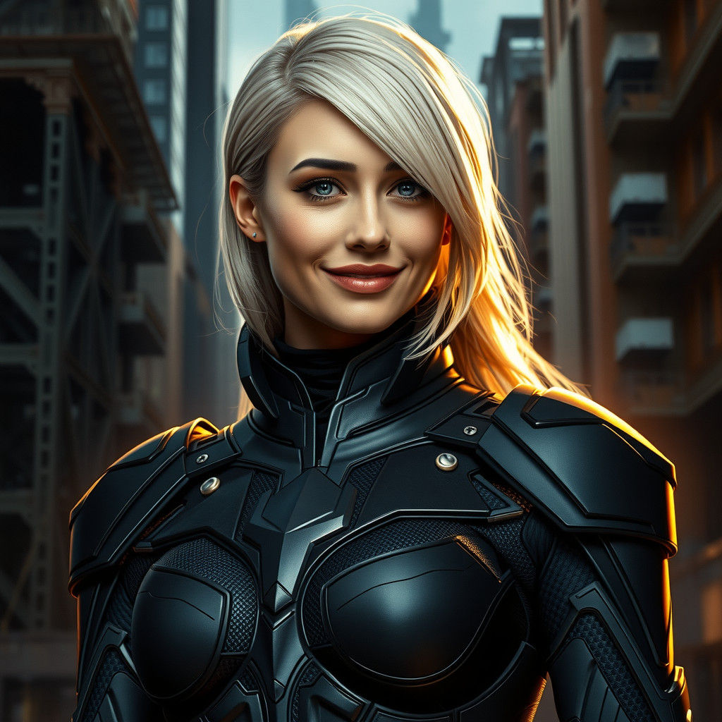 Woman in Carbon Armor in Gotham, Photorealistic Comic Art