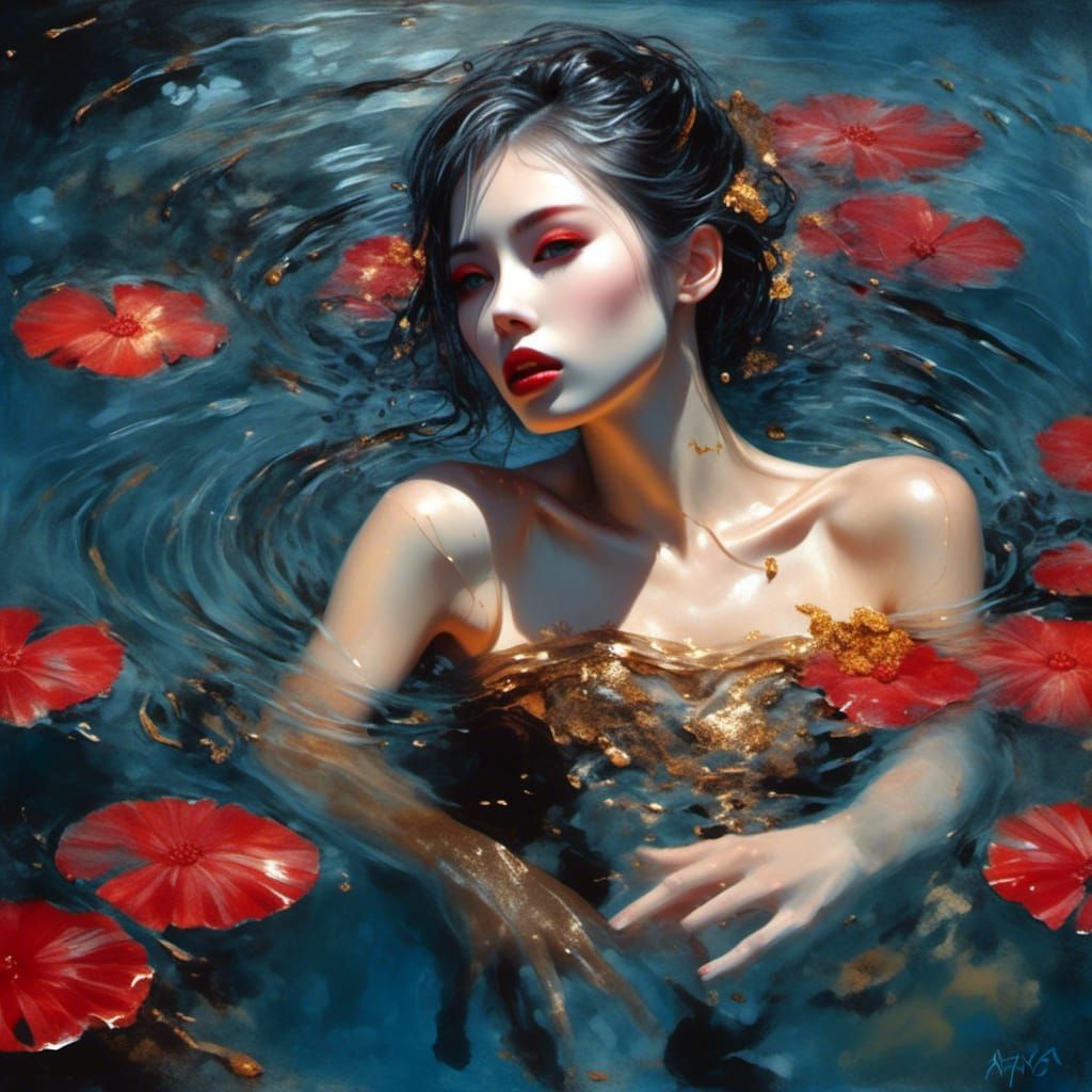 Gothic Japanese Woman in Pool, Detailed Oil Painting