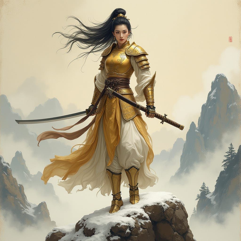 Asian Warrior Queen on Snowy Mountain, Chinese Painting
