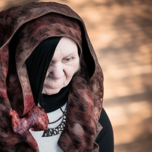 Goth Grandma wearing a meat scarf