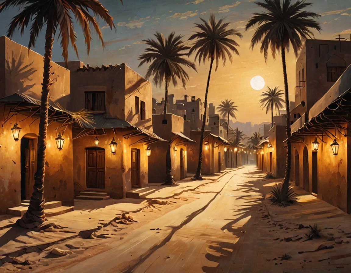 Arabian Village Alley at Dusk in Acrylic Painting