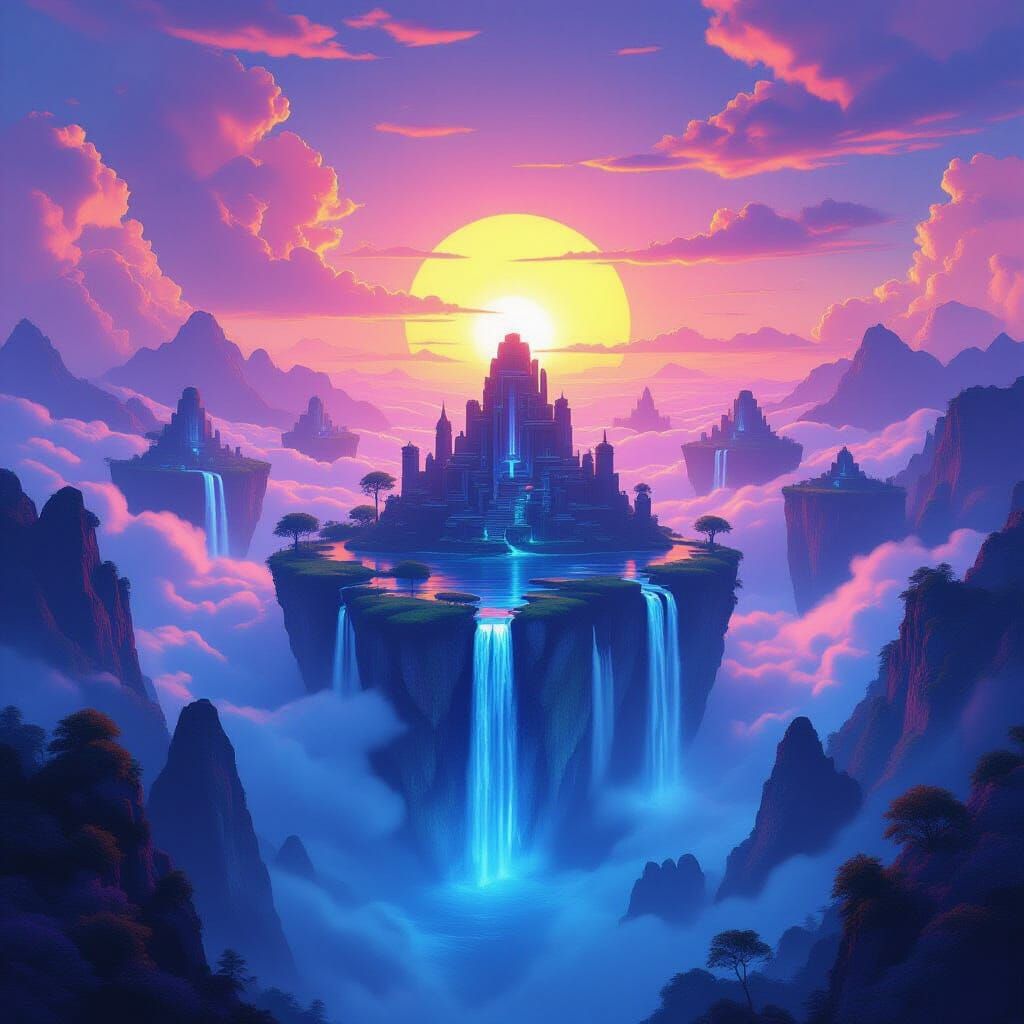 Floating Islands Under Synthwave Sunset