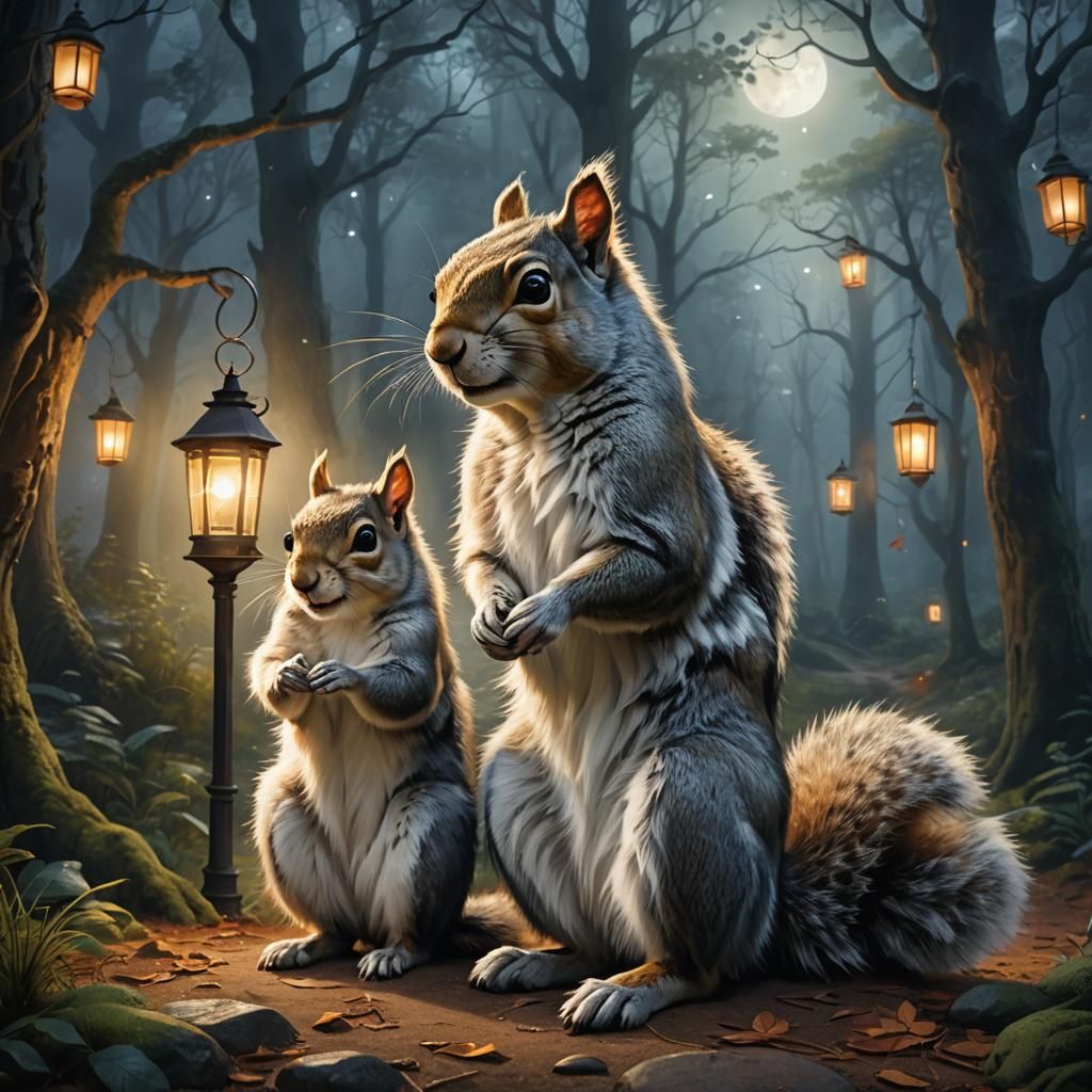 Squirrel and Wolf on Forest Path in Oil Painting Style