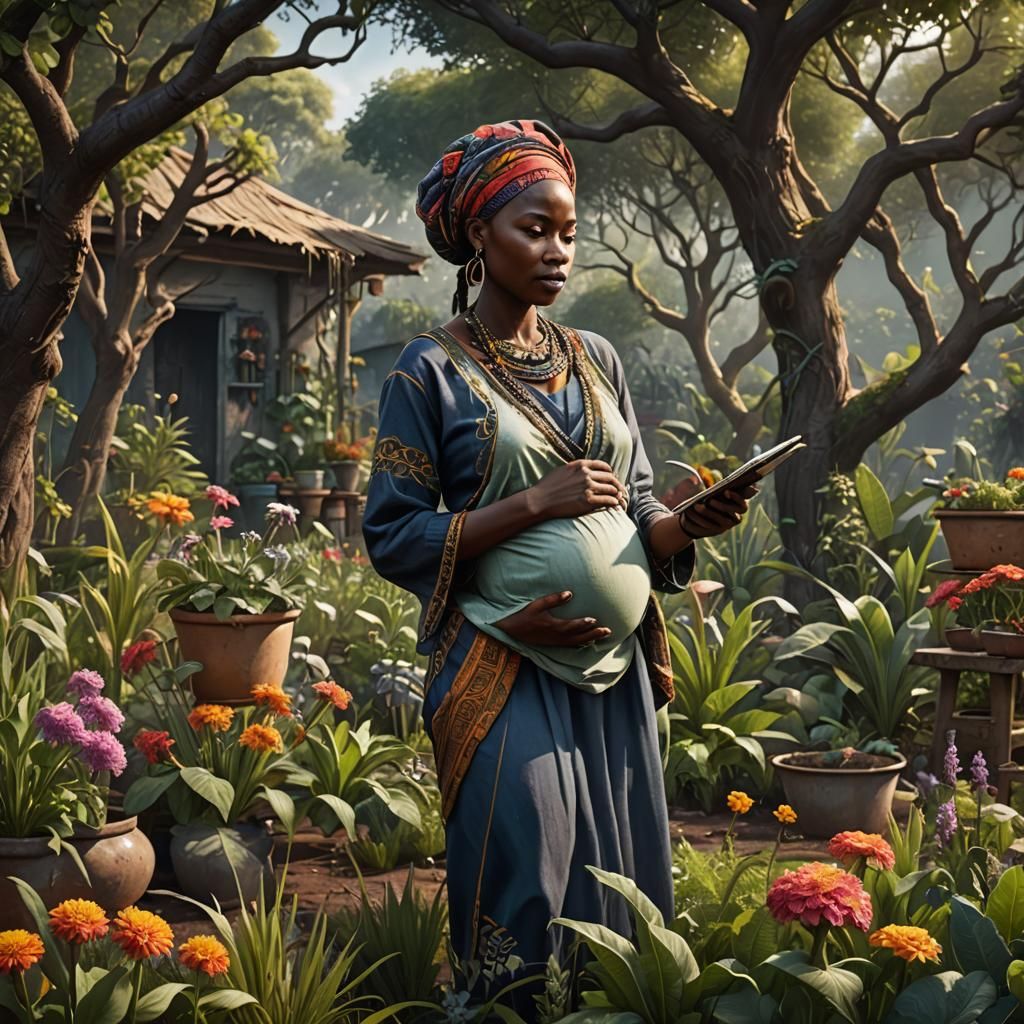Pregnant African Woman in Garden: Detailed Matte Painting