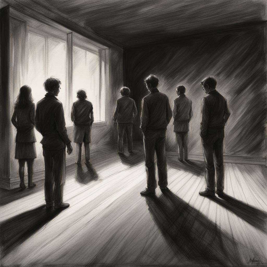 Dark Room with Shadowy Figures: Charcoal Drawing
