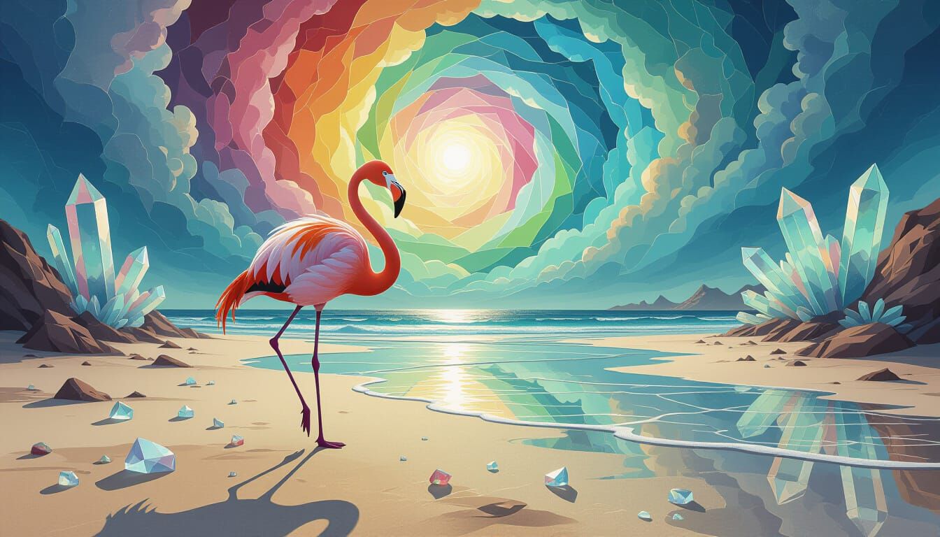 Surreal Flamingo of Iridescent Sea Glass on Alien Beach