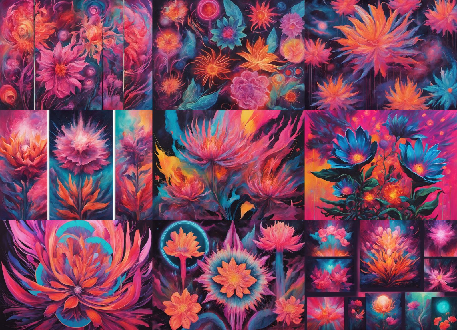 Abstract Flowers as Cosmic Entities in Neon Retro Style