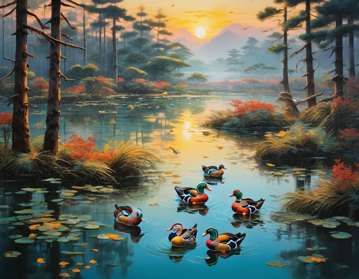Mandarin Ducks at Sunrise in Traditional Chinese Style