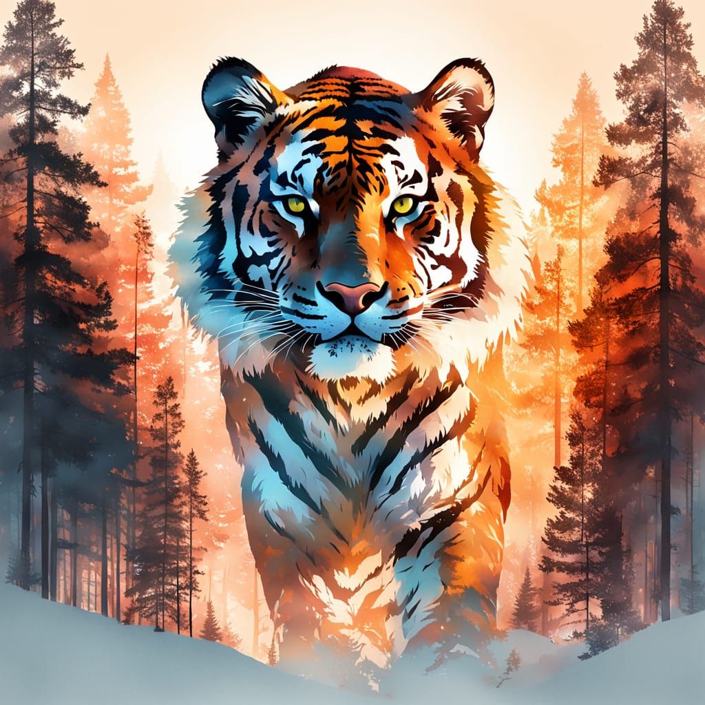 double exposure image of a Siberian tiger