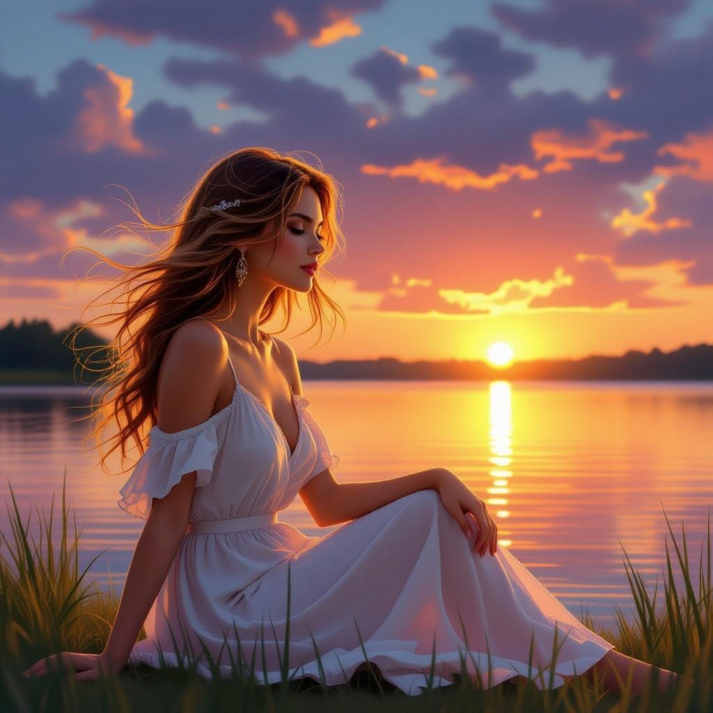 Woman with Golden Hair by Lake at Sunset