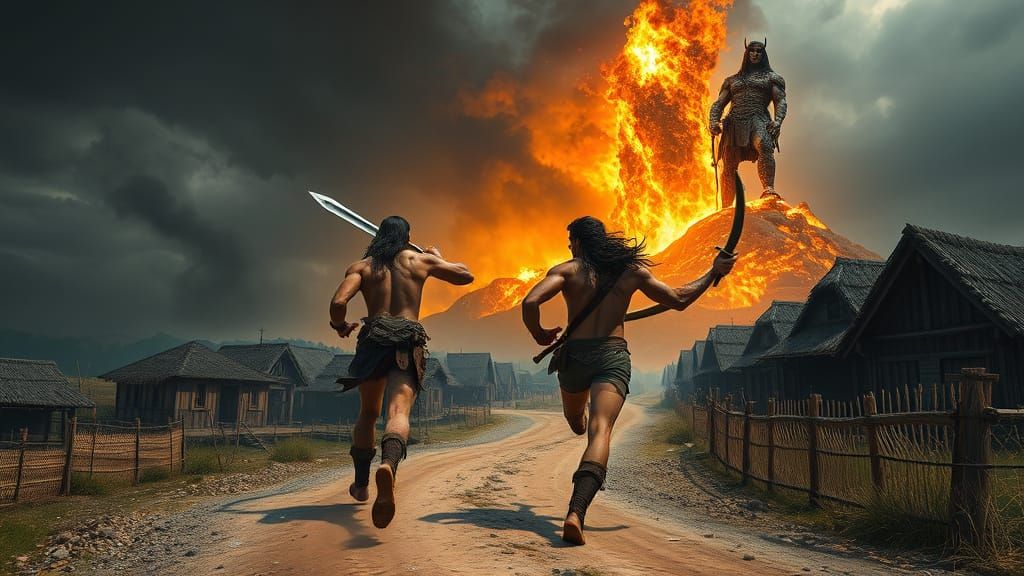 Conan and Subotai Pray to Crom on His Fiery Mountain