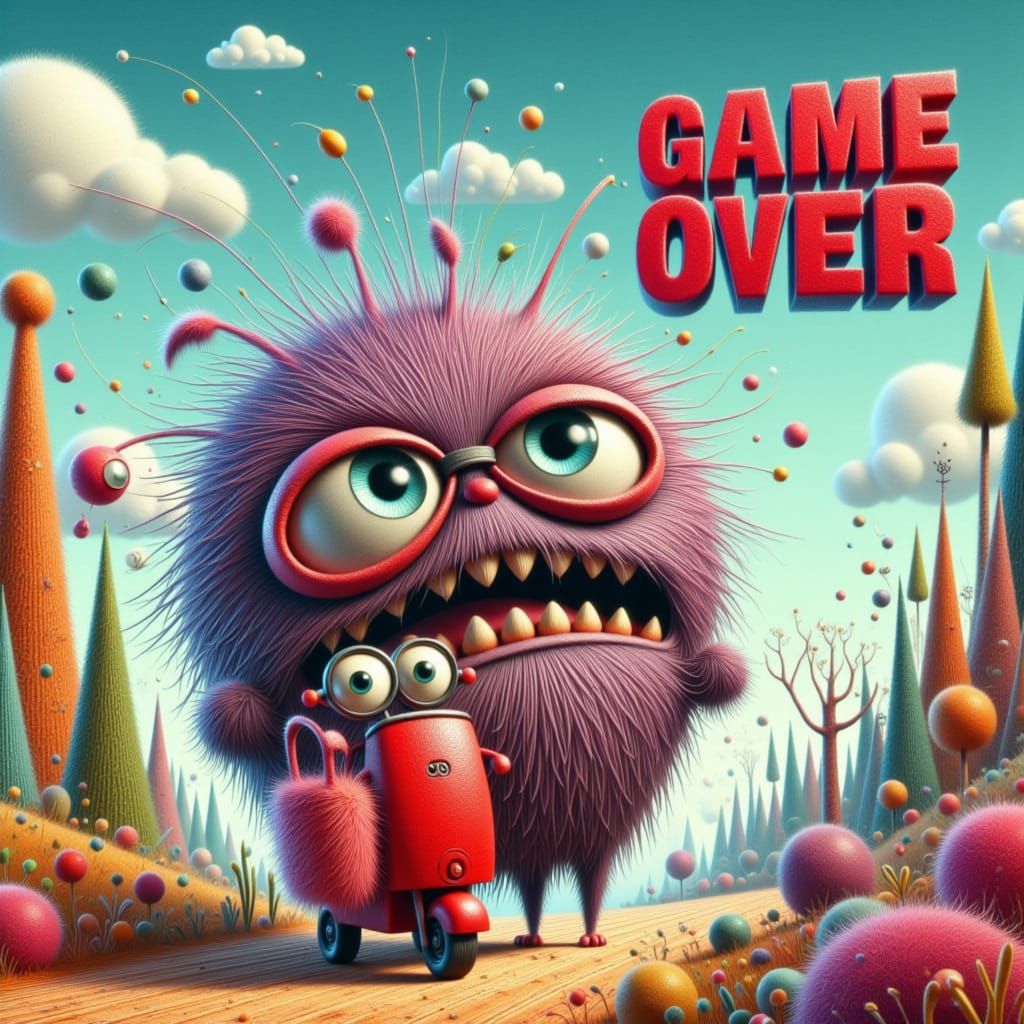 Fearful Fluffy Monster's Pixelated Scooter Escape