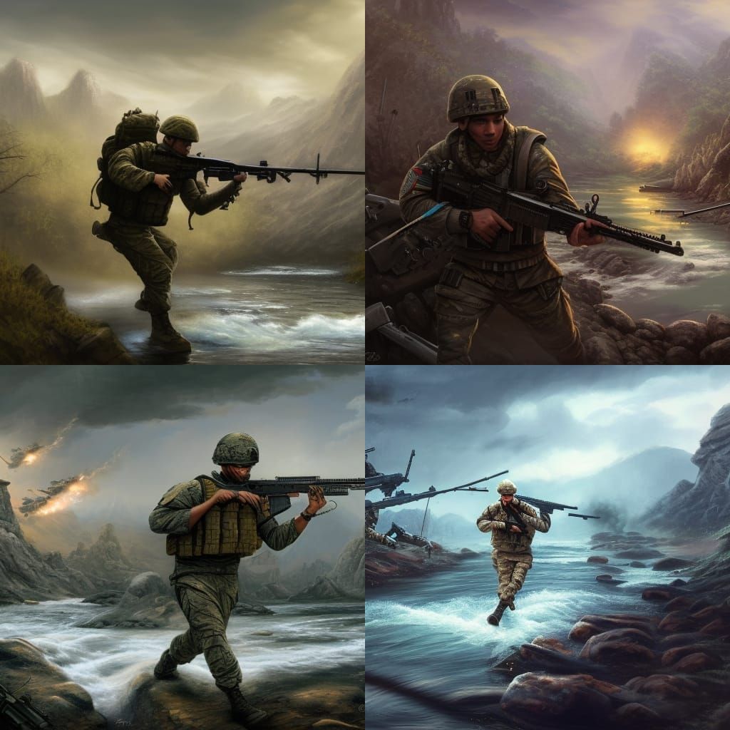 Soldier Running Under Fire: Detailed Matte Painting