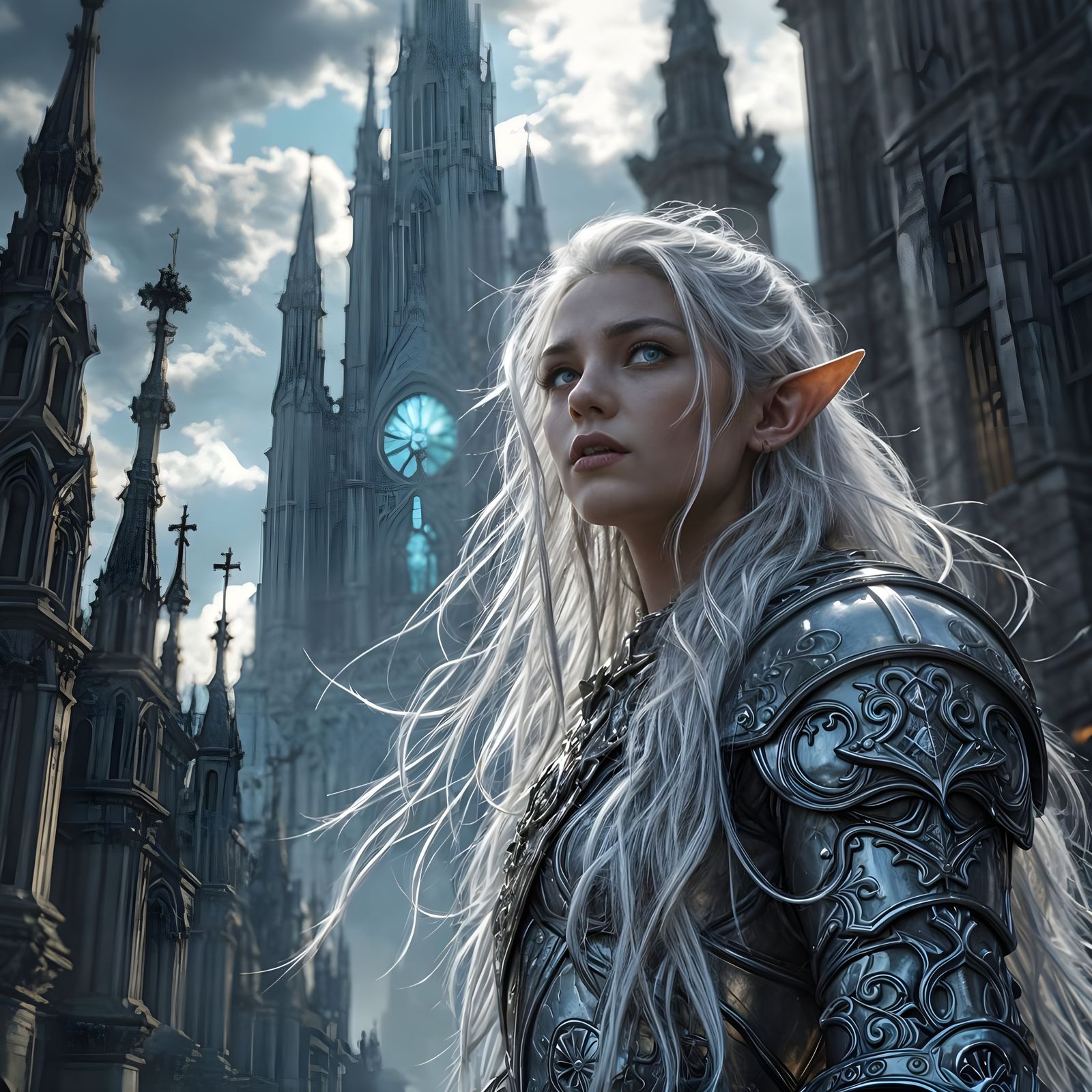Elven Warrior Defiant Before Gothic Cathedral