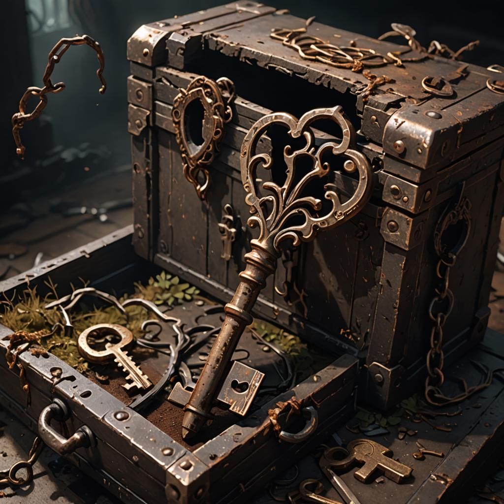 Cursed Key Floating Above Broken Chest