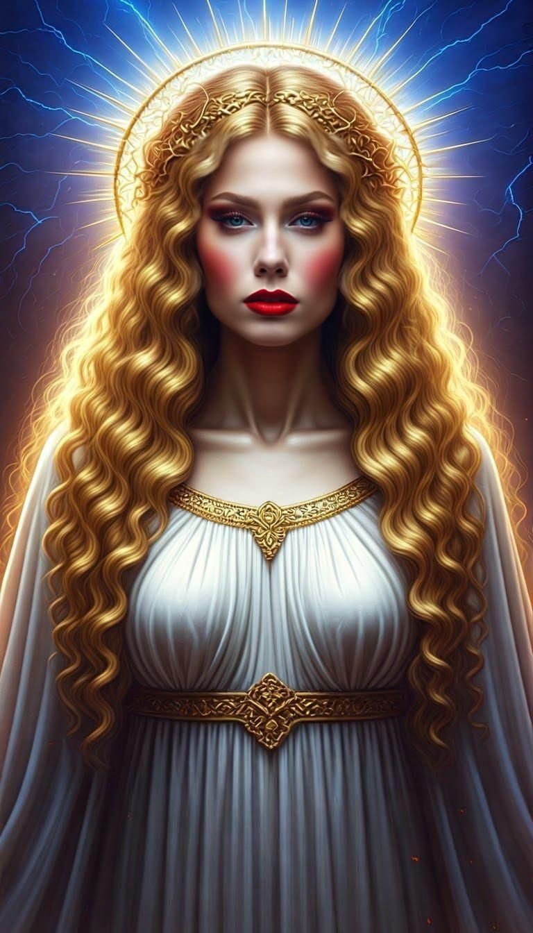 Goddess in Cyberpunk Jesus Dress with Cross Crown and Lightn...