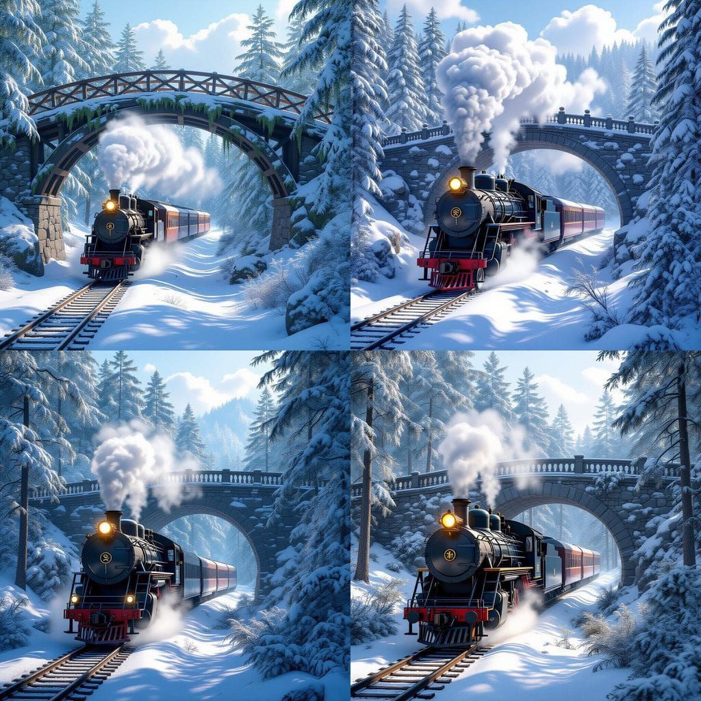 Train in Winter Forest with Golden Mist Under Evergreen Brid...