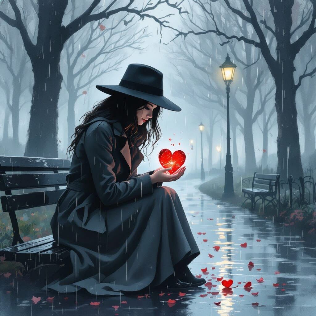 Shattered Heart: Woman in Rain-Soaked Park