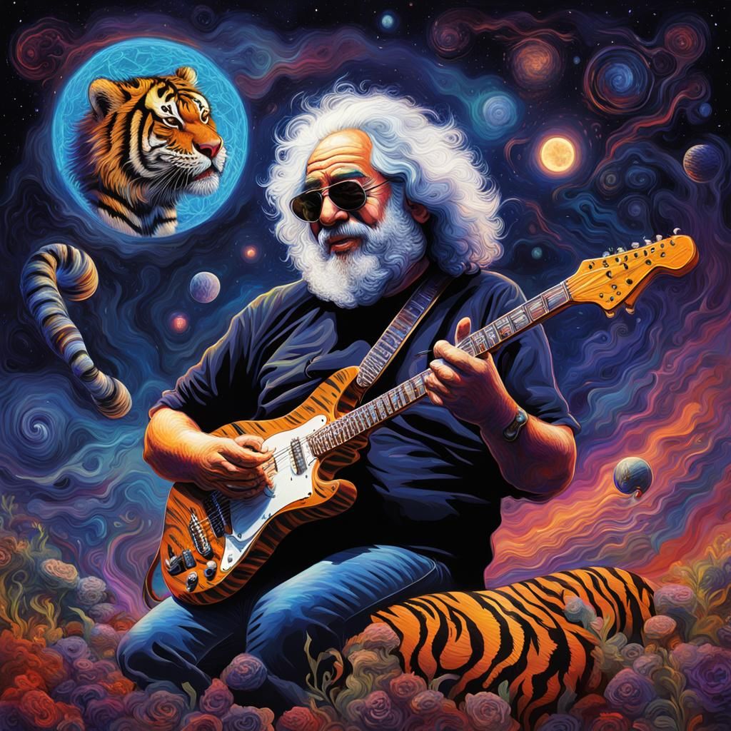 Guitarist Rides Tiger in Holographic Cosmic Illustration