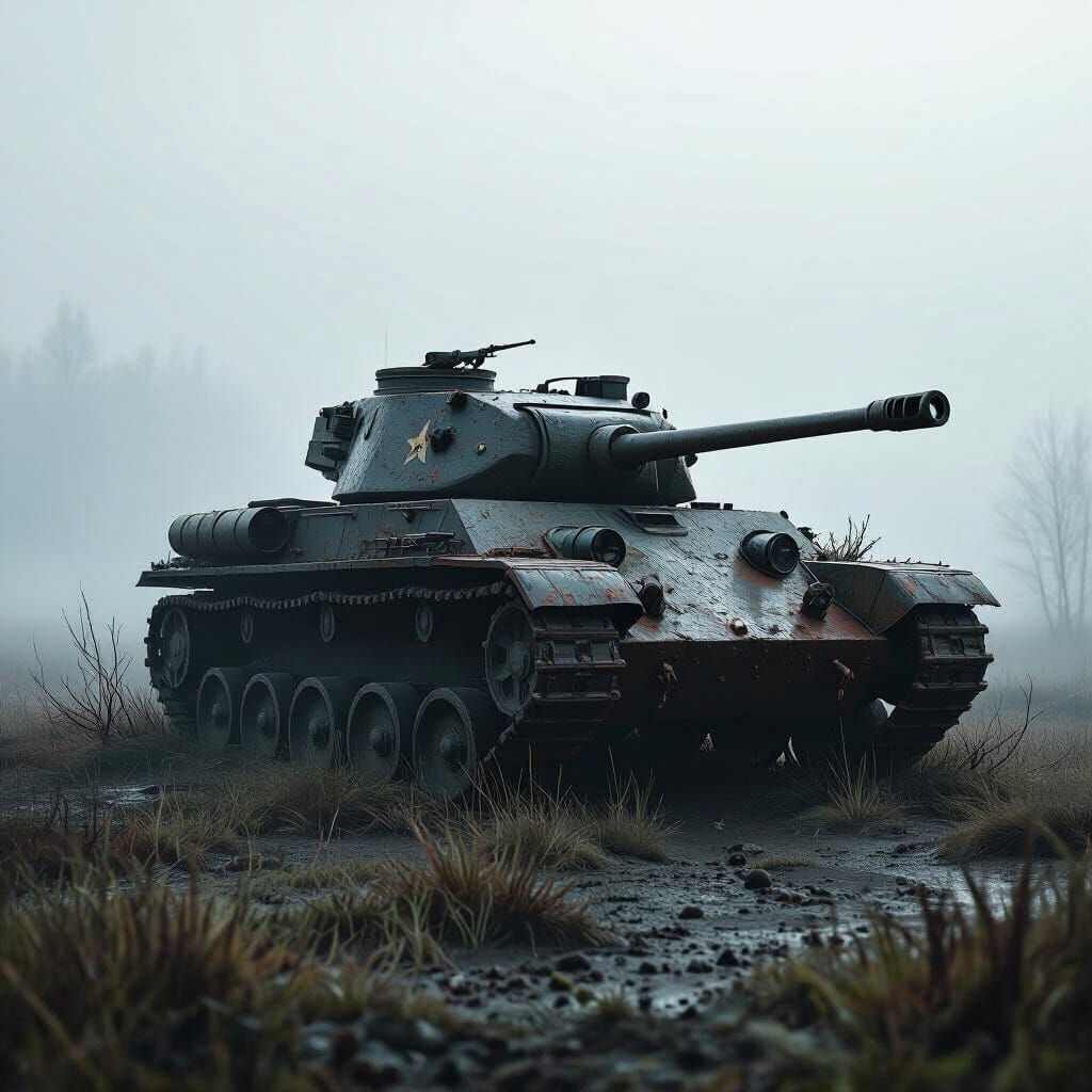 Abandoned Military Tank in Foggy Landscape