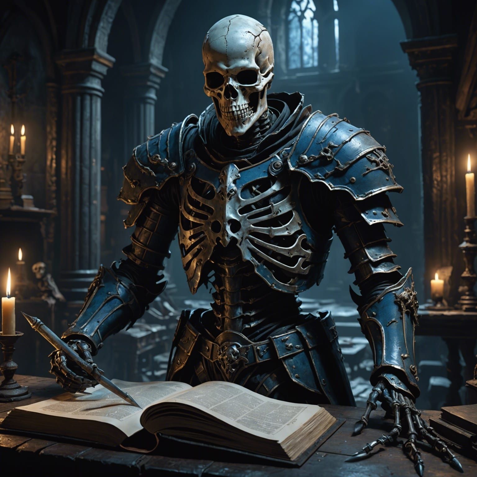 Skeletal Man with Black Book in Dark Fantasy Style