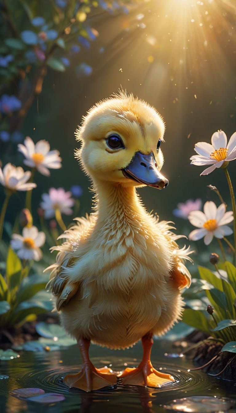 Whimsical Watercolor Duckling in Golden Light