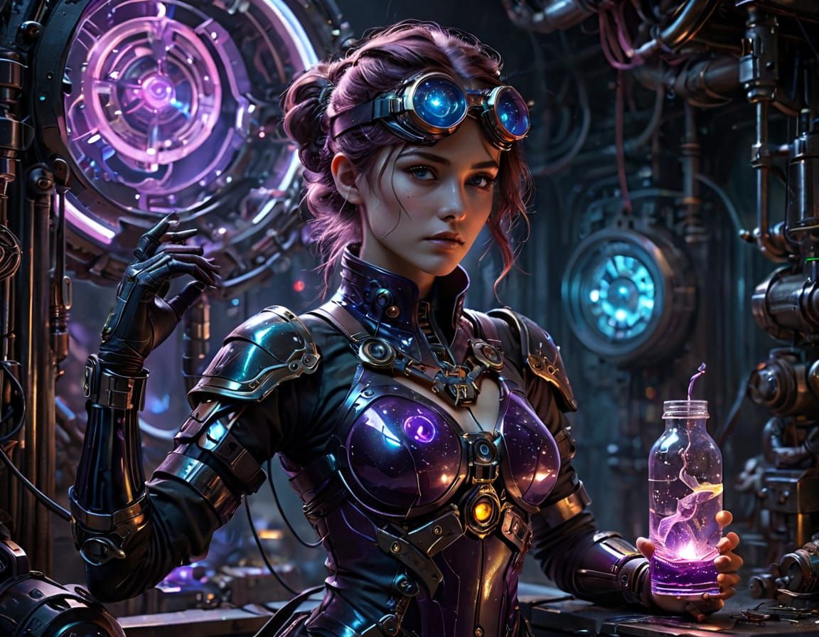 Cyborg Mad Scientist in a Dark, Atmospheric Laboratory