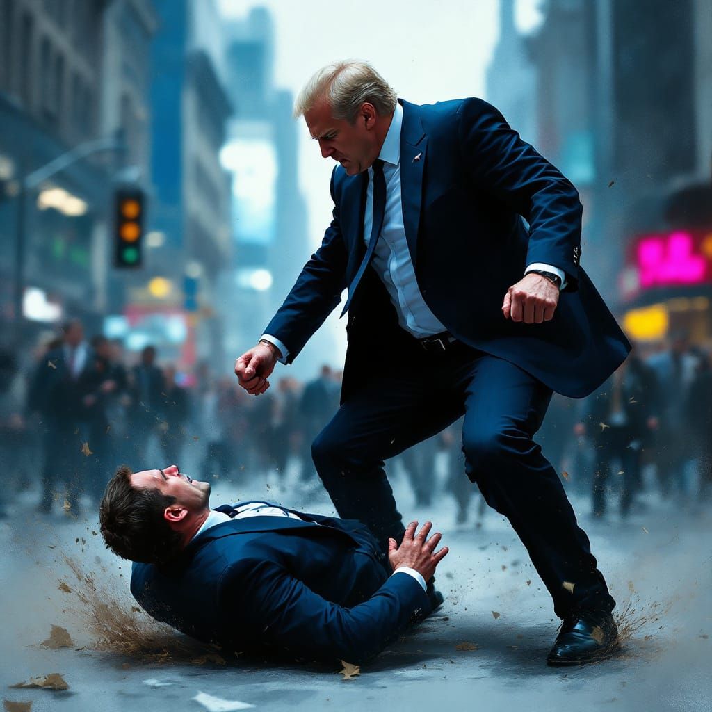 Politician About to Strike Man in Street, Cinematic Style