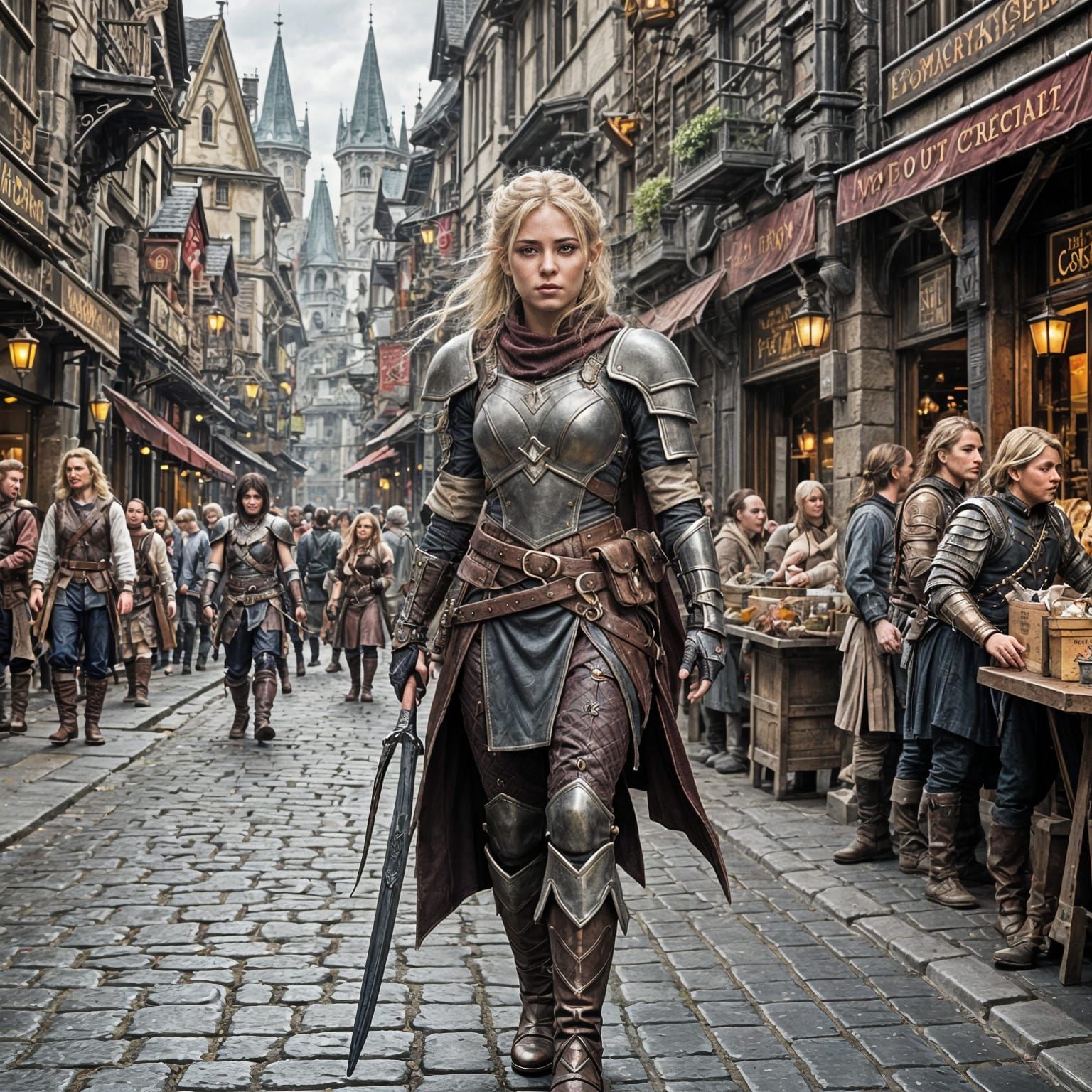 Female Halfling Fighter in Fantasy City Street