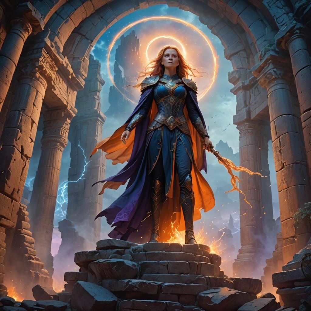 Sorceress on Ancient Ruins in Ethereal Light