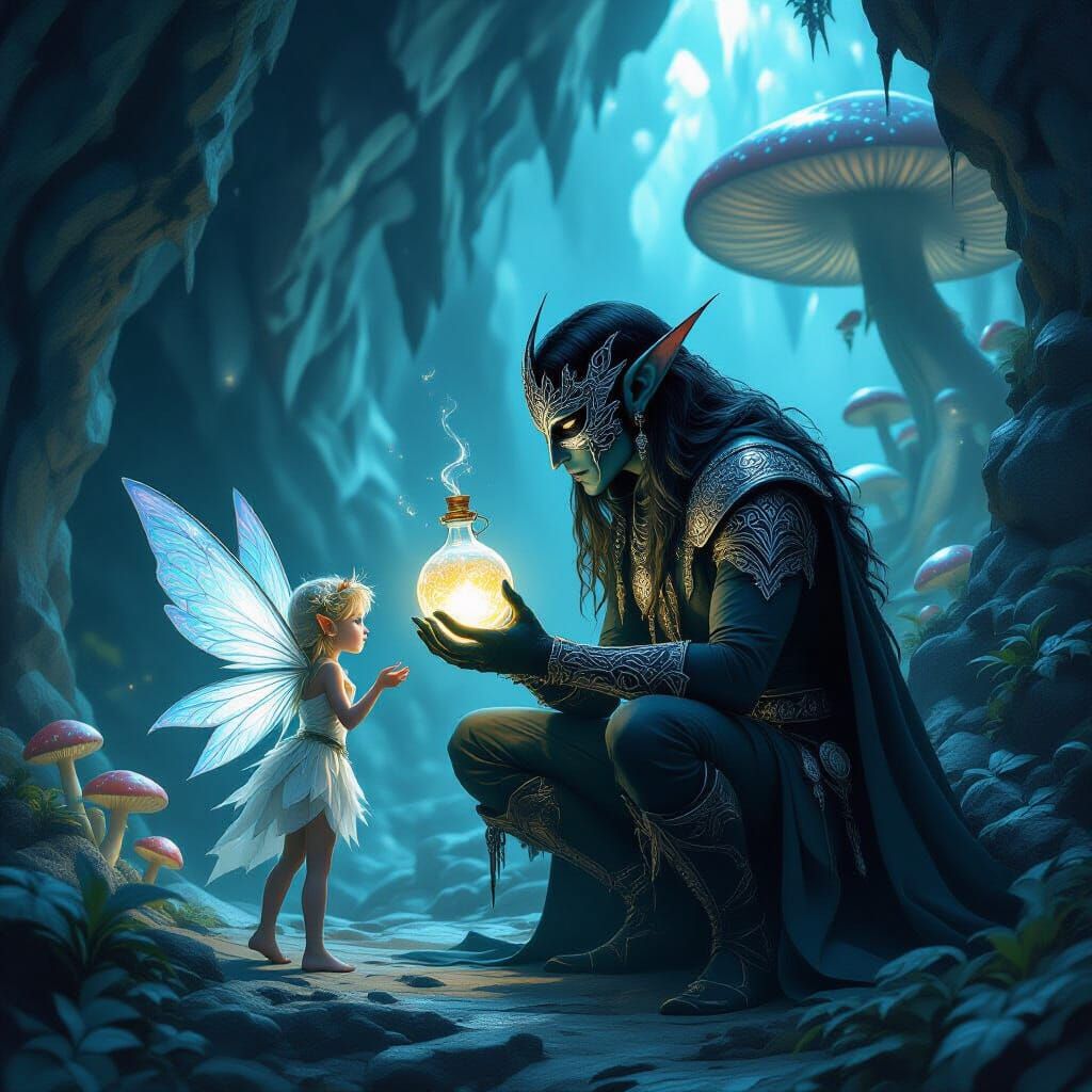 Dark Elf Masked Hunter Pursues Fairy in Crystal Dungeon