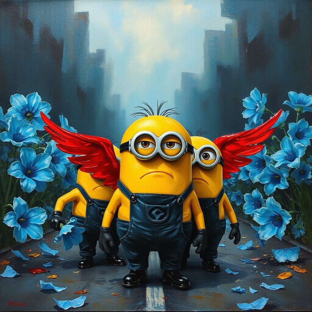 Angry Minion with Red Wings in Neo-Impressionist Style