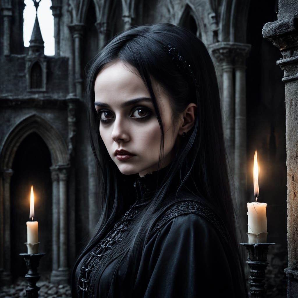 Gothic Portrait: Woman in Shadowy Castle