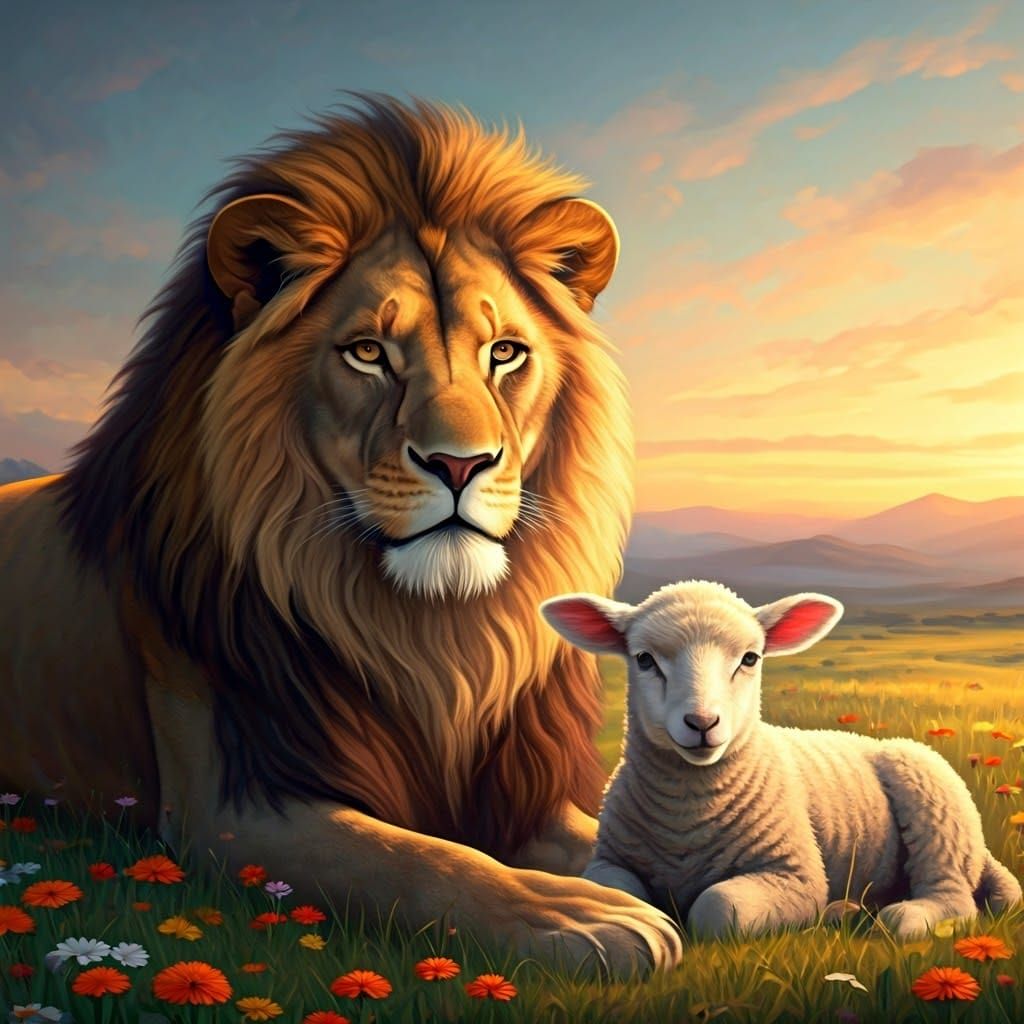 Majestic Lion and Lamb in Serene Biblical Landscape