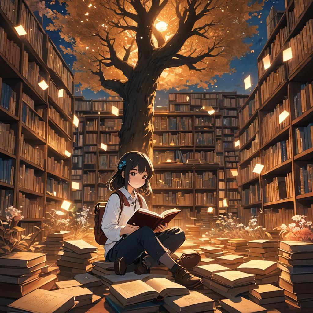 Anime Girl in Library with Glowing Tree