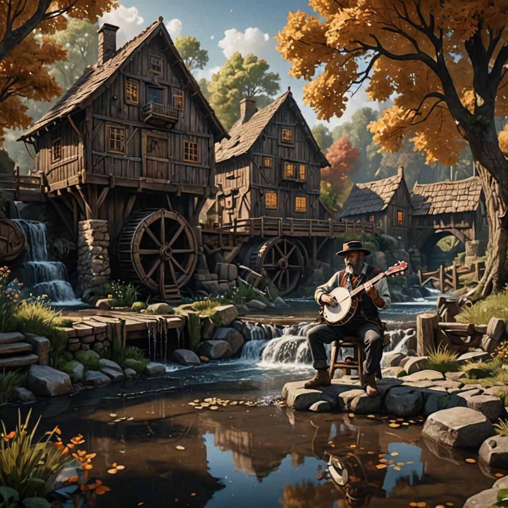 Banjo Player at Water Mill: Detailed Matte Painting