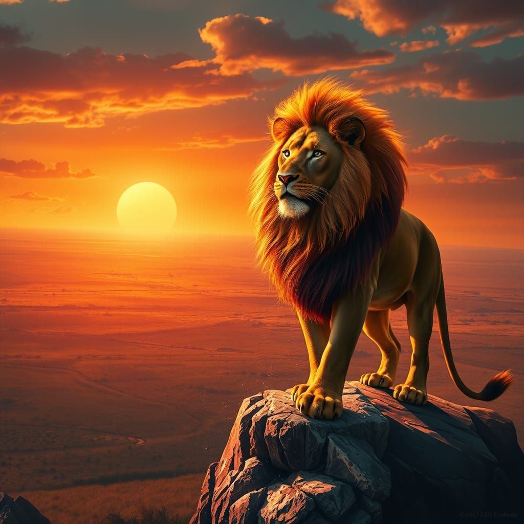 Fiery Lion Overlooking Savanna in Digital Painting Style