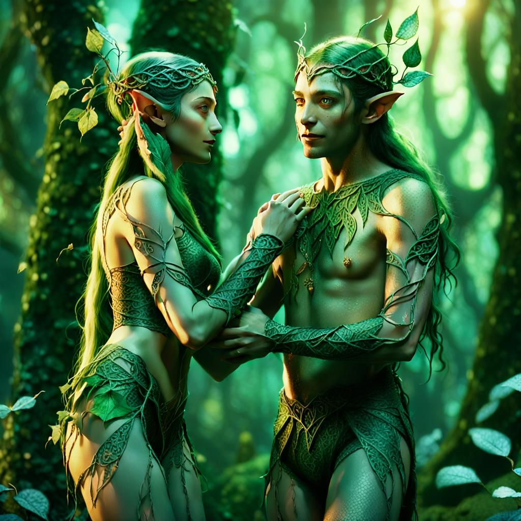 Elves Embrace in Mystical Forest: Fantasy Concept Art
