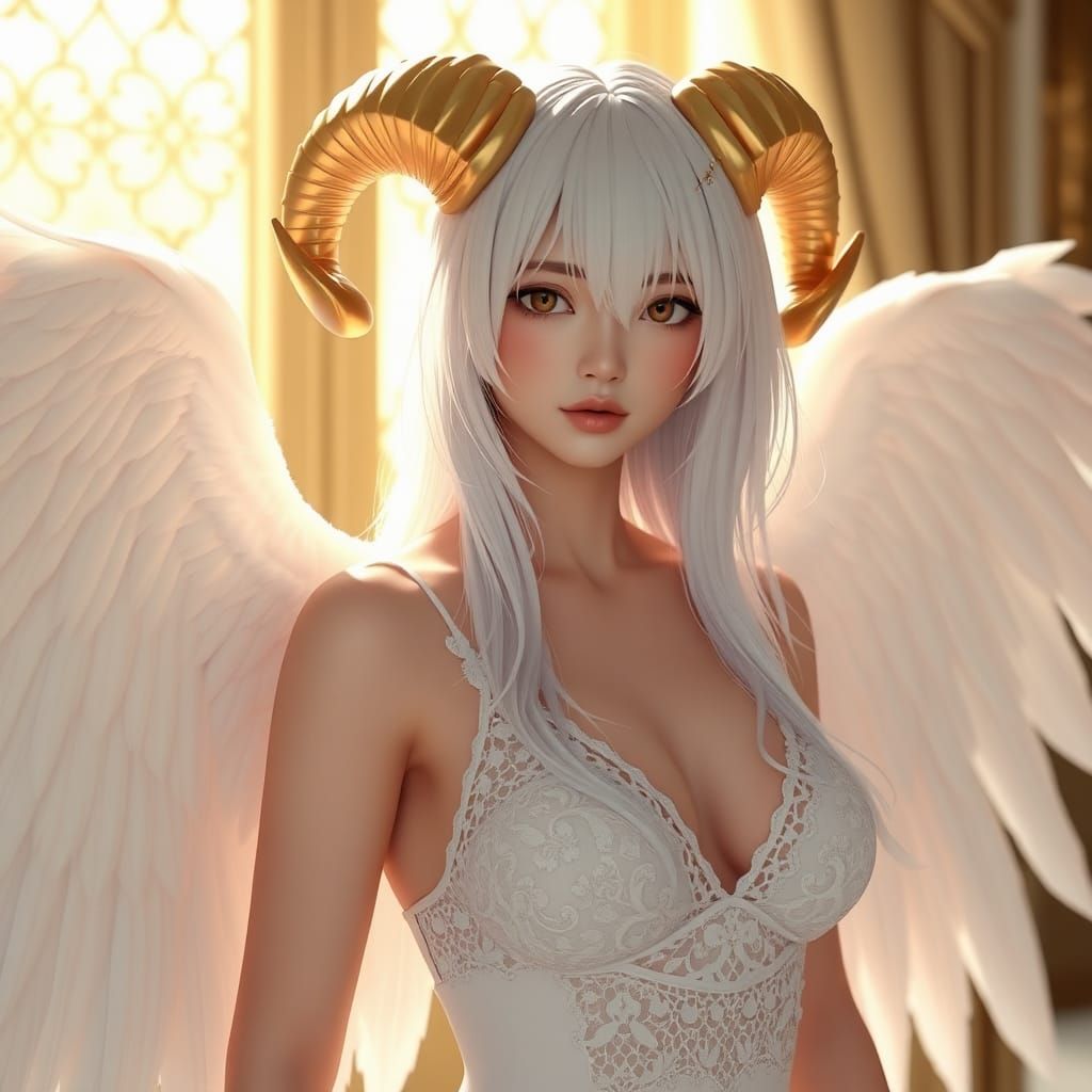 Anime Angel with Ram Horns in Golden Light