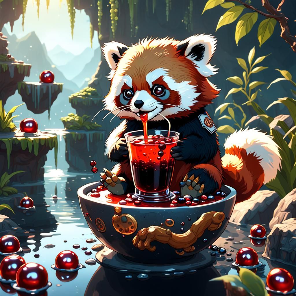 Mystical Red Panda Sips Pearl Boba in a Fantastical Realm