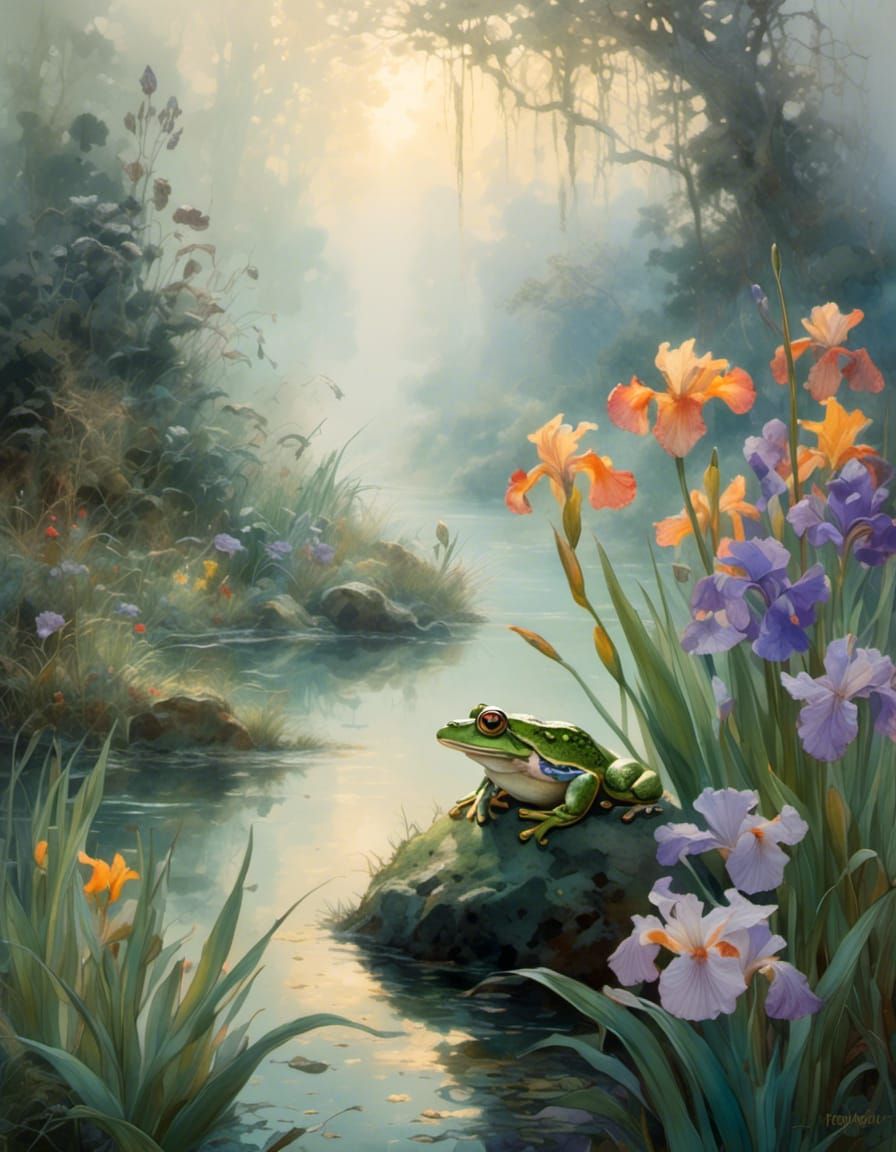 Frog and Iris in Ukiyo-e Woodblock Print