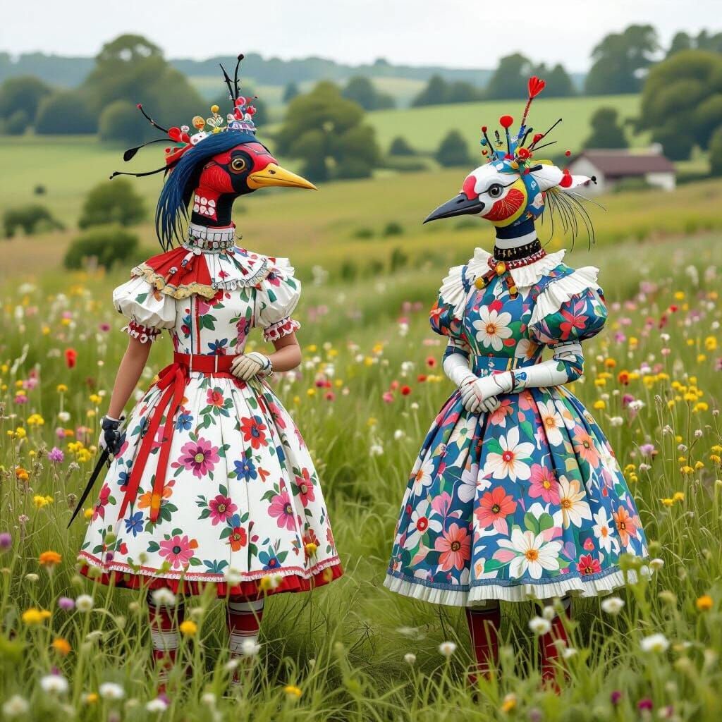 Majestic Two-Headed Dousnais Bird in Whimsical Landscape