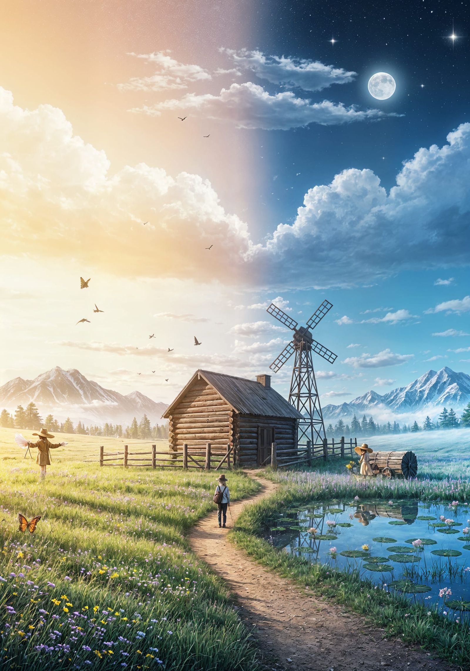 Cinematic Landscape: Noon & Midnight Blend Under Vast Sky