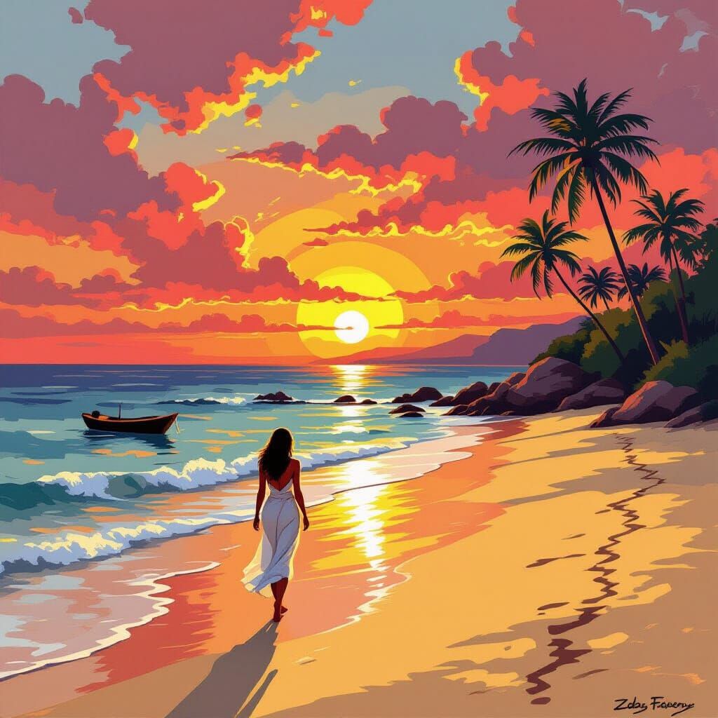 Serene Beach Sunset with Woman Walking, Monet & Beksiński In...