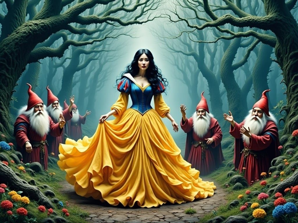 Snow White and Armored Dwarves in Disney Style