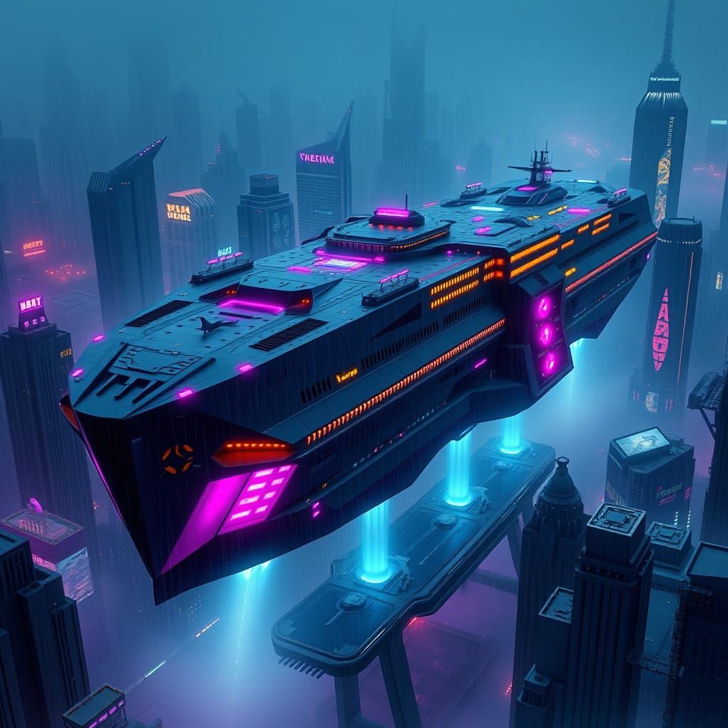 Cyberpunk Flying Craft Dominates Dystopian Cityscape
